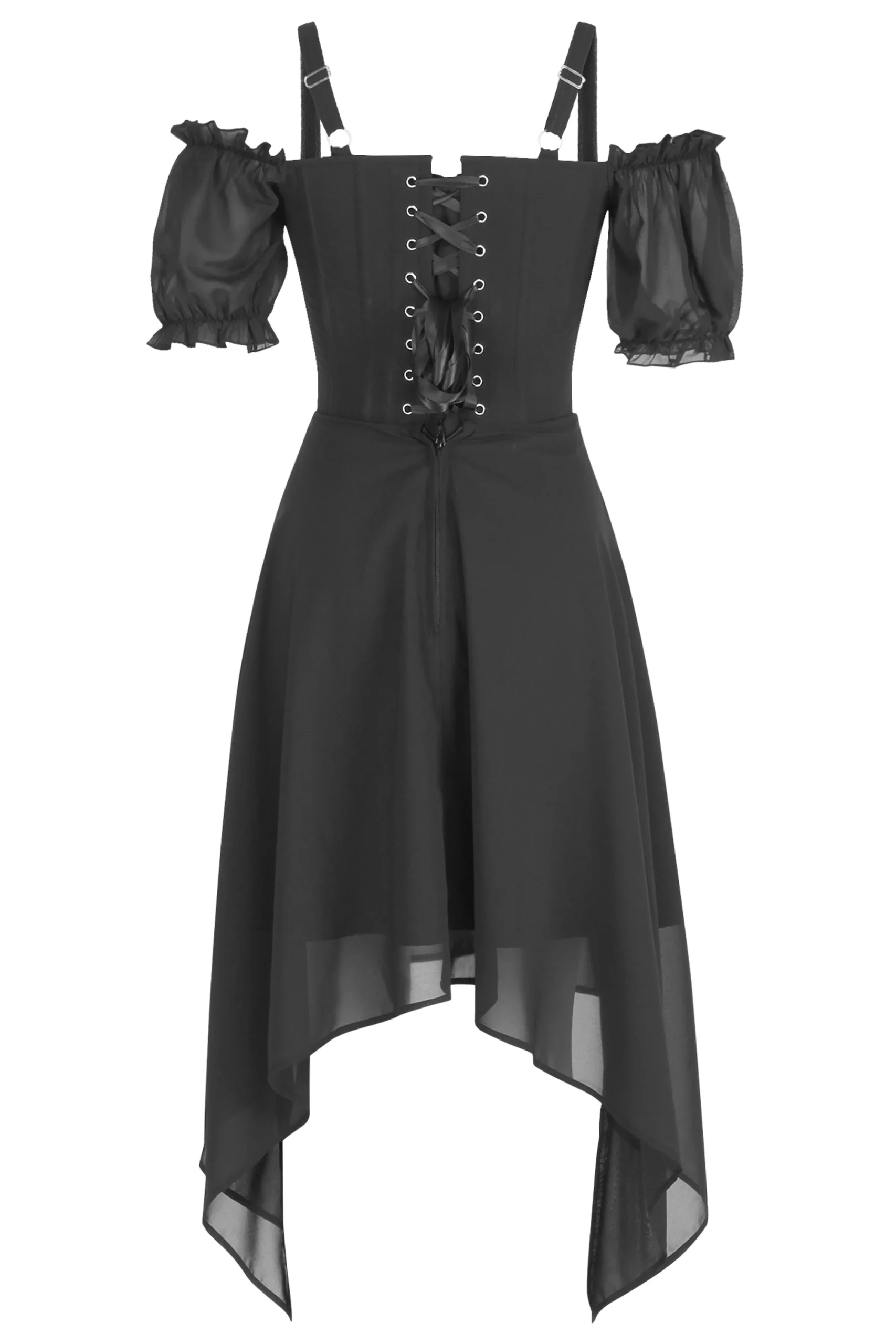 Dark Enchantment: Gothic Corset Dress with Sheer Sleeves & Asymmetrical Hem – Image 2