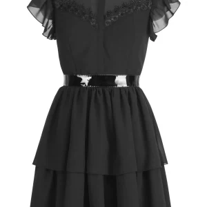 Timeless Black Tiered Dress with Sheer Lace & Ruffle Sleeves