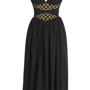 Black & Gold Corset Midi Dress – Vintage Elegance with a Regal Touch