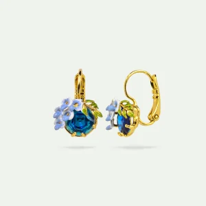 Boucles d'oreilles dormeuses verre facetté bleu et fleurs de glycine