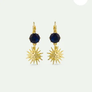 Boucles d'oreilles dormeuses roi soleil doré et pierre ronde bleue