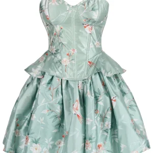 Vintage-Inspired Floral Corset & Skirt Set in Mint Satin