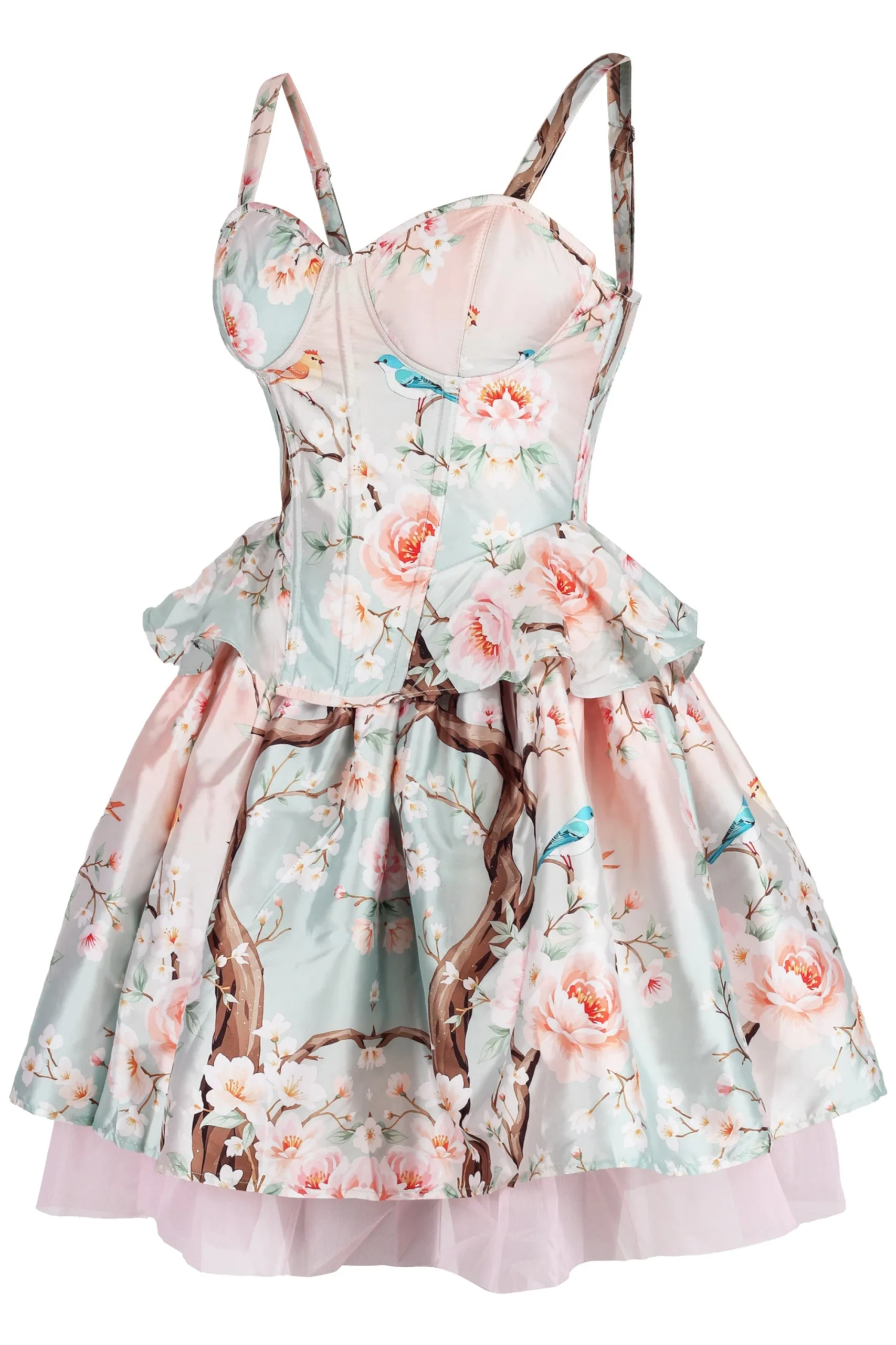 Blossom Grove Corset & Skirt Set with Pastel Florals and Songbirds – Image 3