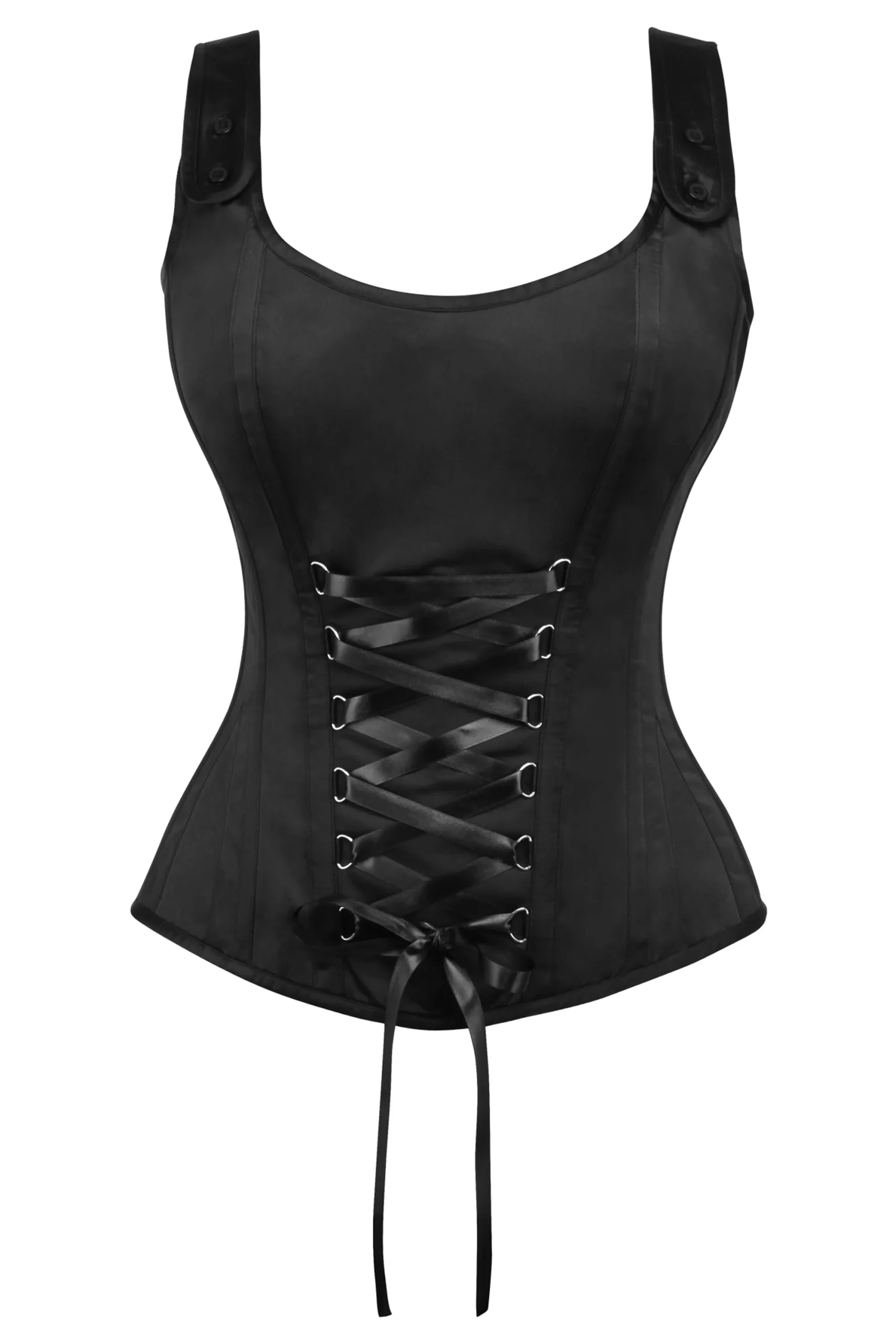 Corset Bustier en Satin Noir Avec Fermeture Éclaire et bretelles à boutons