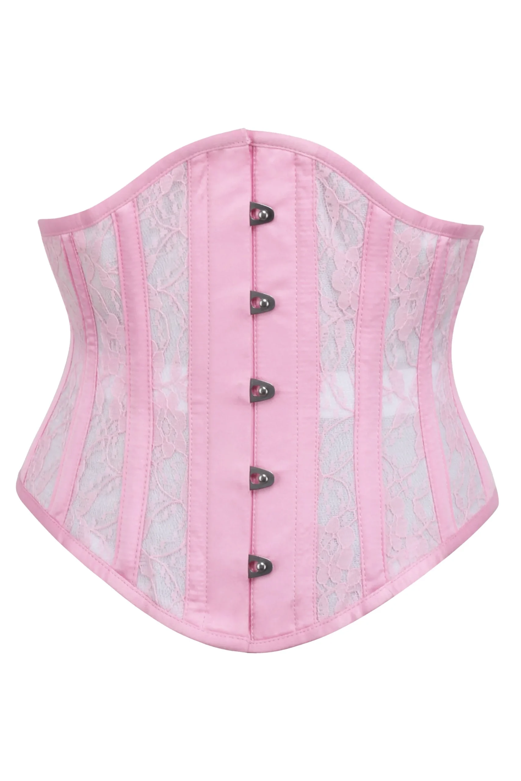 CORSET SERRE-TAILLE EN SATIN ROSE AVEC PANNEAUX EN FILET ET REVÊTEMENT DE DENTELLE