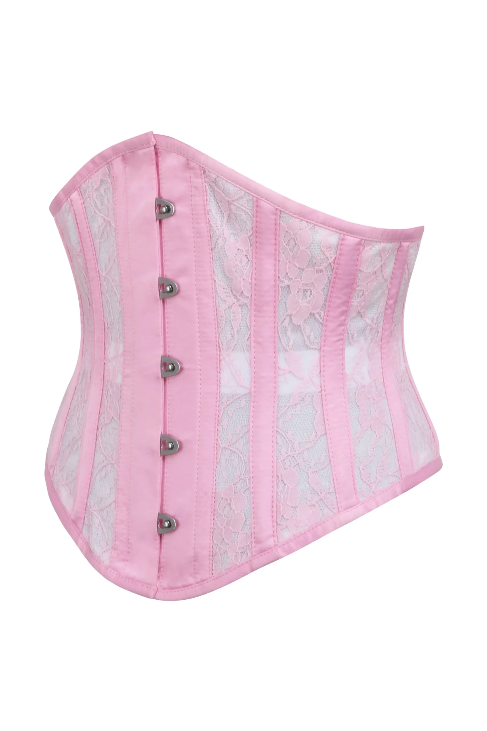 CORSET SERRE-TAILLE EN SATIN ROSE AVEC PANNEAUX EN FILET ET REVÊTEMENT DE DENTELLE – Image 3