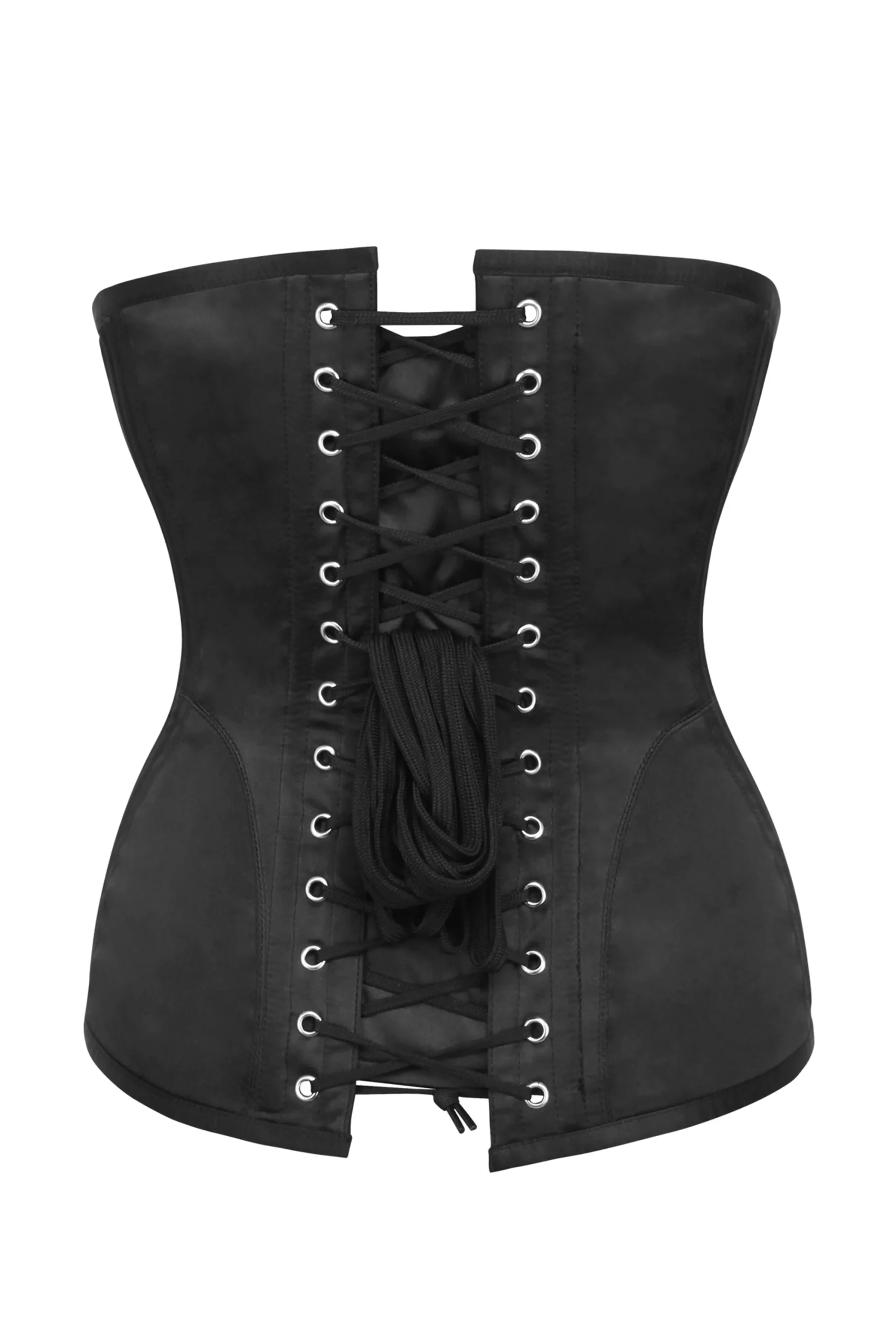 Corset serre-taille longline en satin noir avec panneaux pour les hanches – Image 2