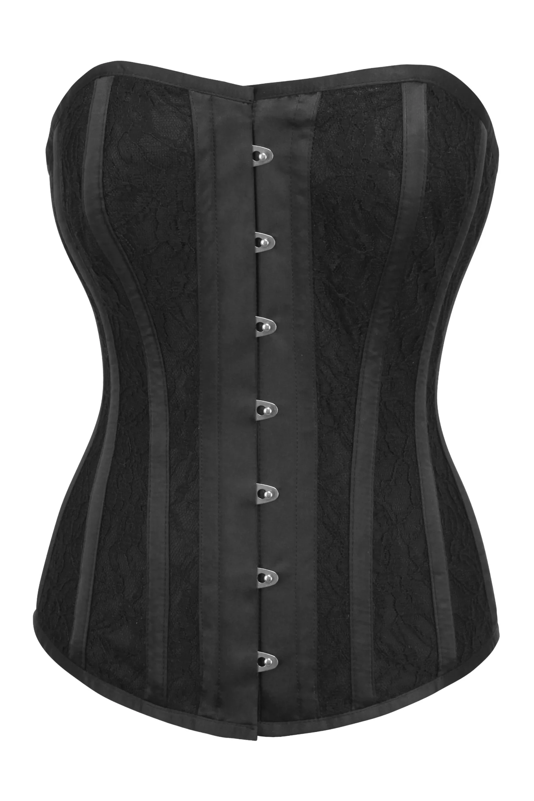 Corset bustier en satin noir édouardien avec panneaux en dentelle superposée