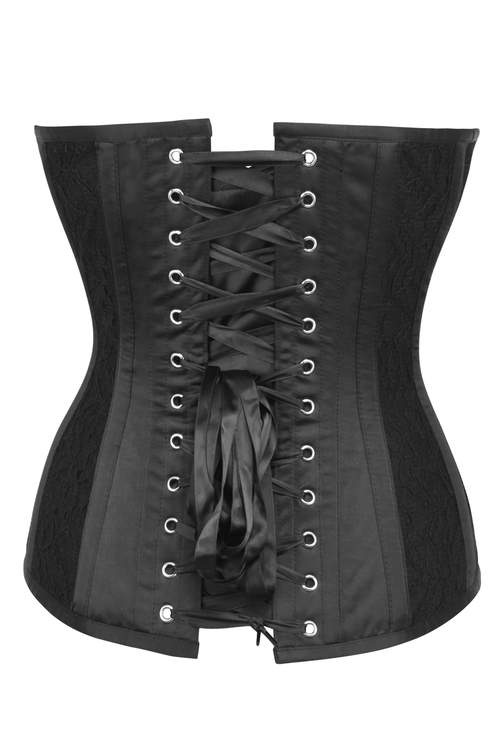 Corset bustier en satin noir édouardien avec panneaux en dentelle superposée – Image 2