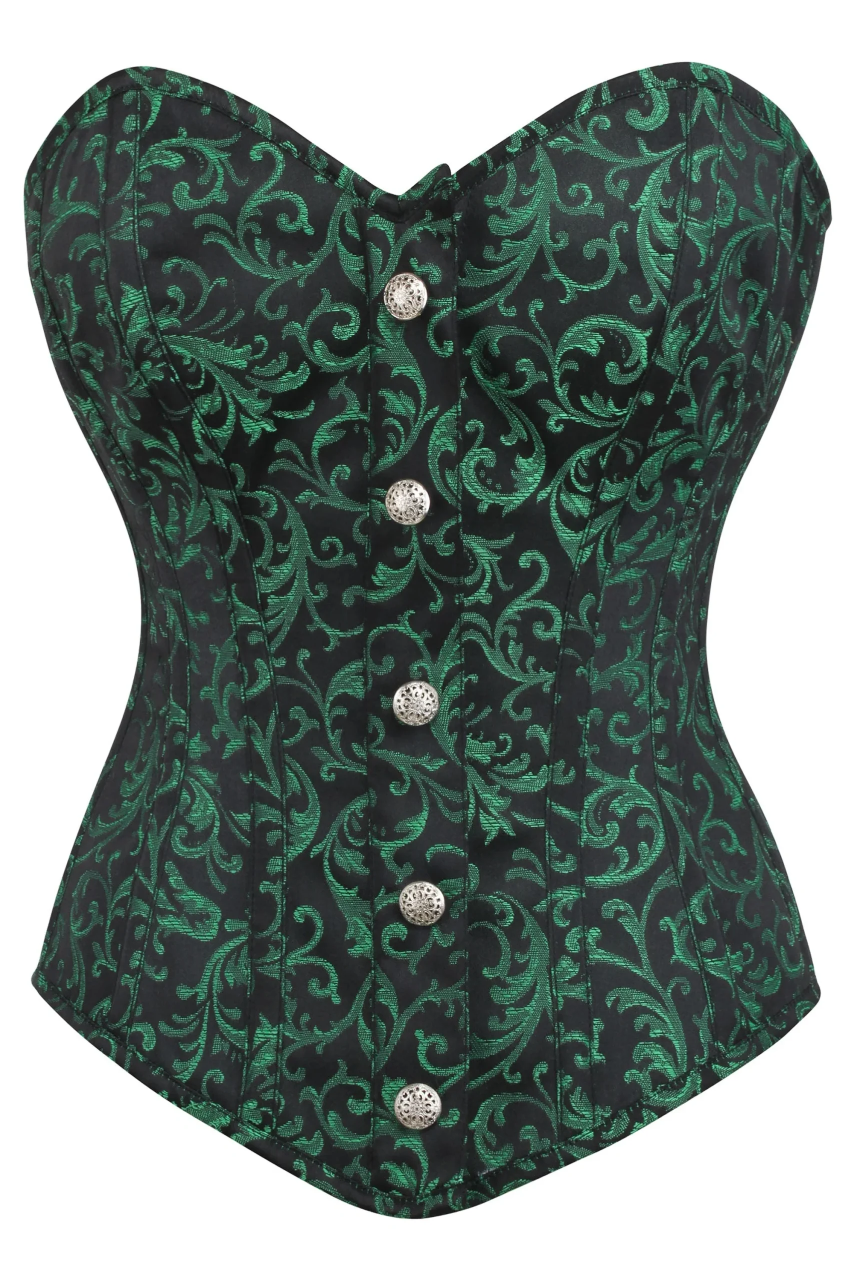 Corset bustier en brocart vert et noir avec fermeture éclair et bouton détaillé sur le devant