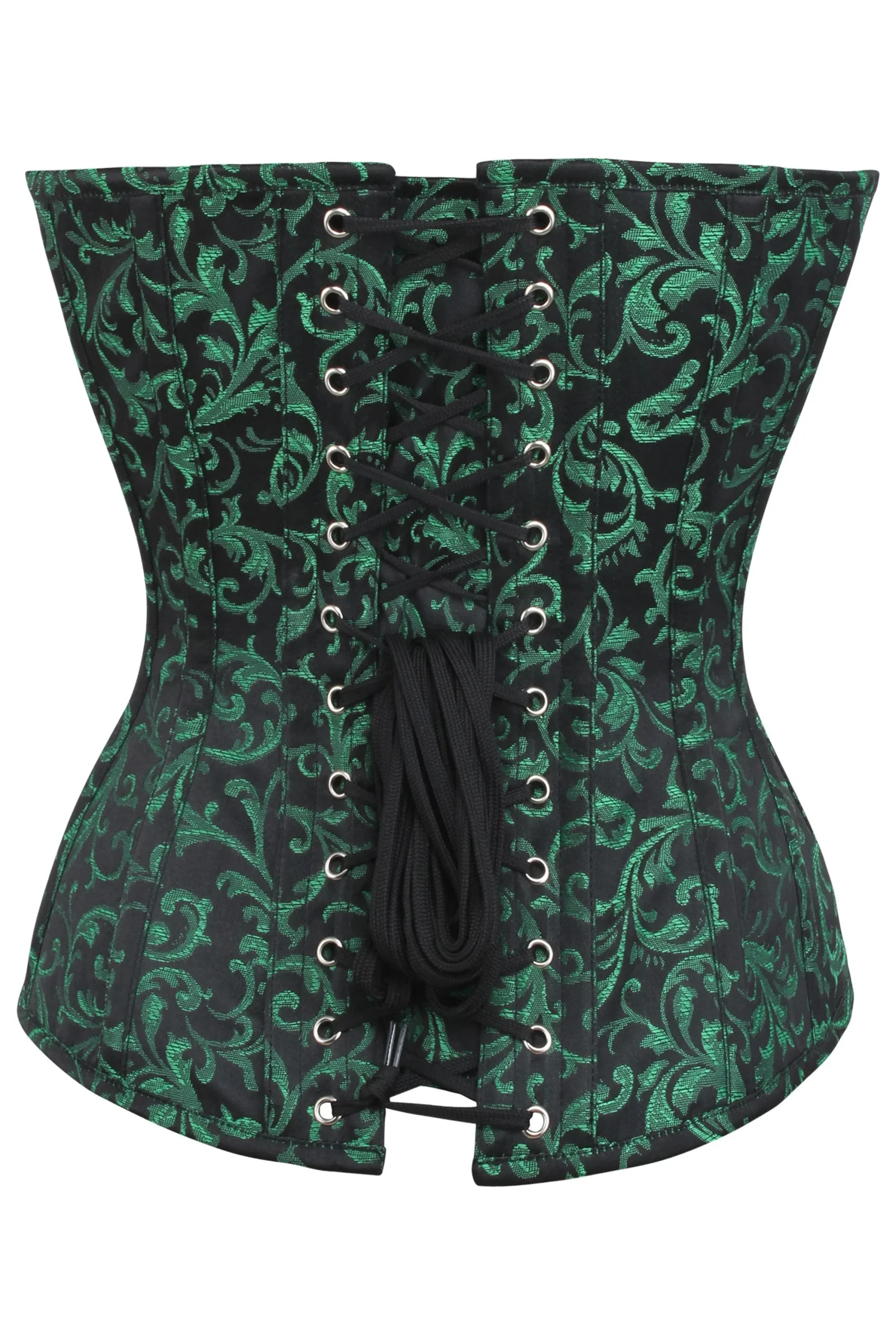 Corset bustier en brocart vert et noir avec fermeture éclair et bouton détaillé sur le devant – Image 2