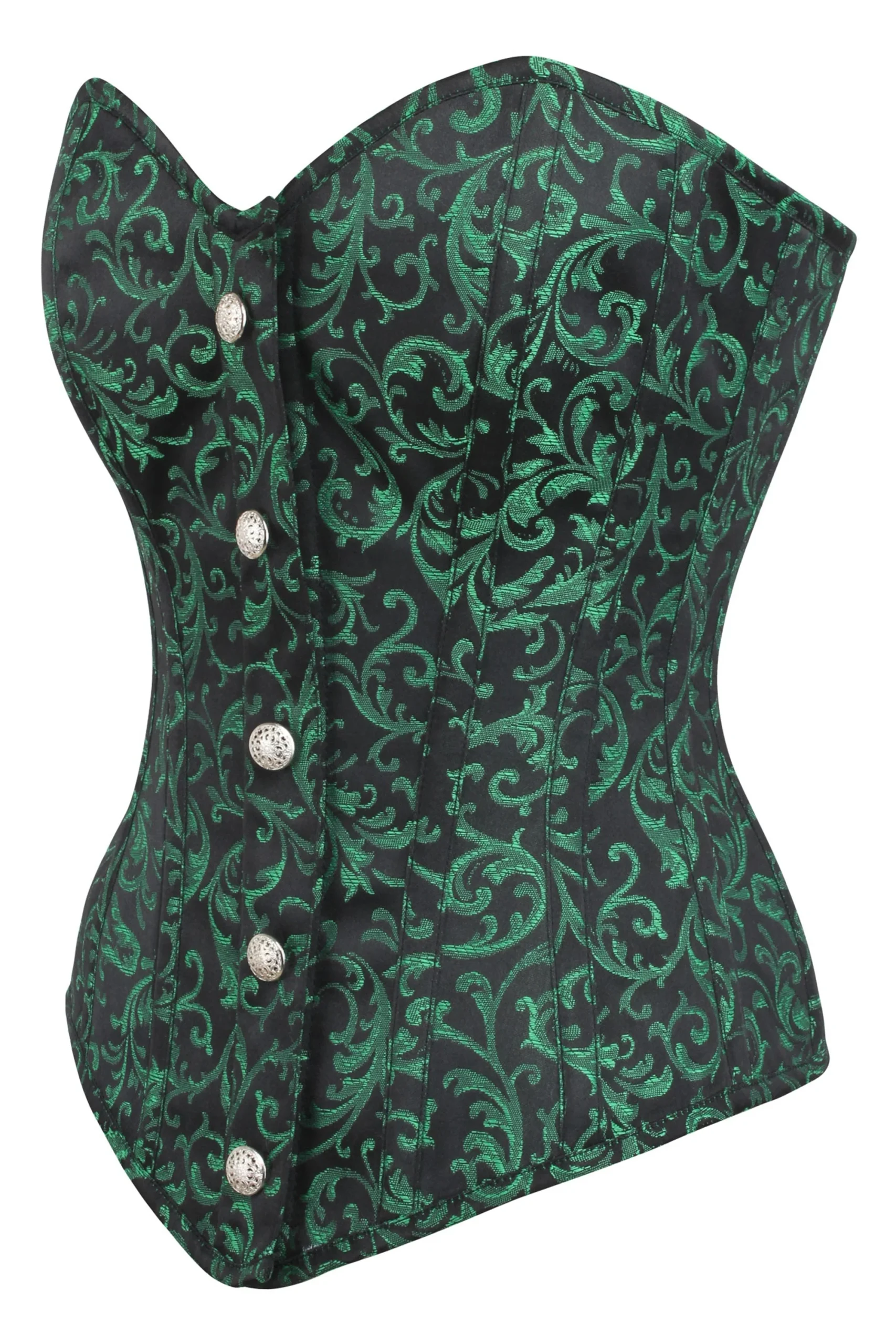 Corset bustier en brocart vert et noir avec fermeture éclair et bouton détaillé sur le devant – Image 3