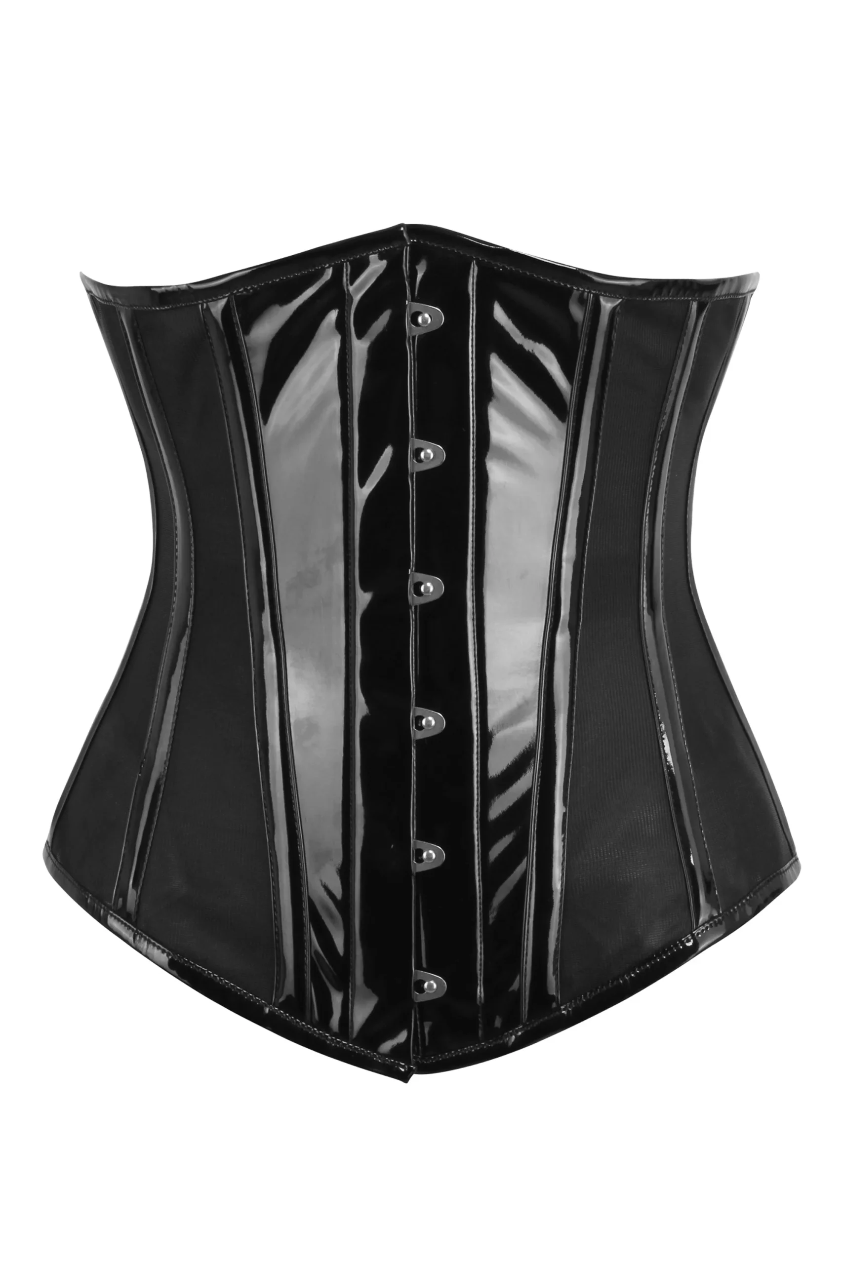 Corset serre-taille en PVC noir avec panneaux latéraux en filet