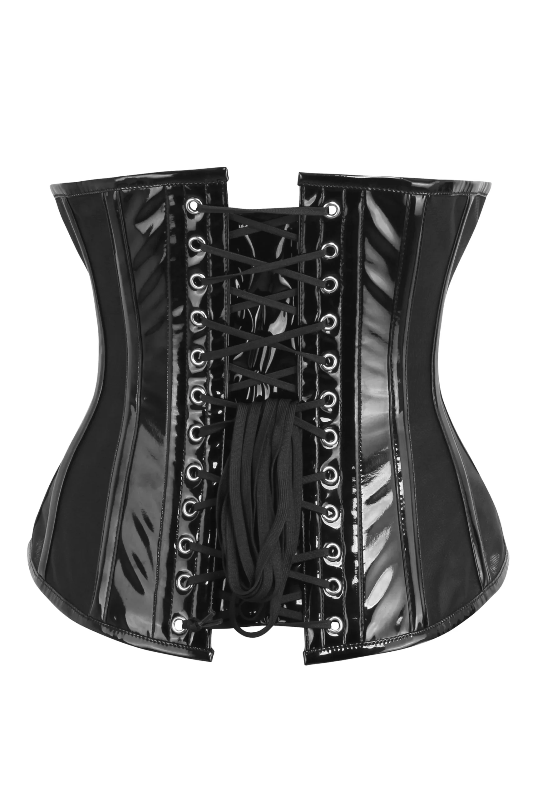 Corset serre-taille en PVC noir avec panneaux latéraux en filet – Image 2