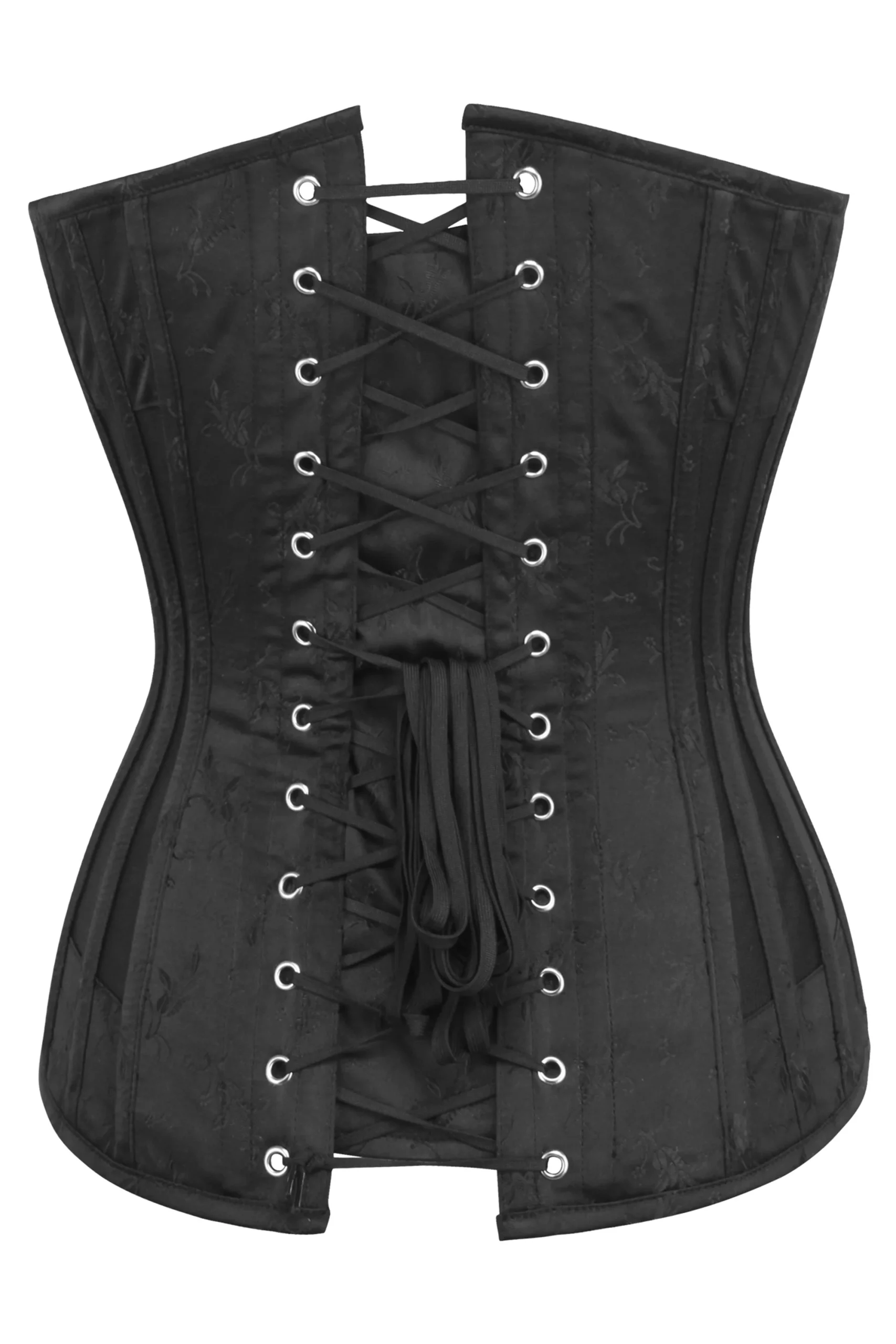 Corset bustier en brocart noir avec décolleté plongeant et panneaux latéraux en filet – Image 2