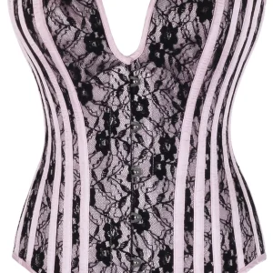 Pink Overbust Corset with Black Lace Overlay and Plunge Neckline