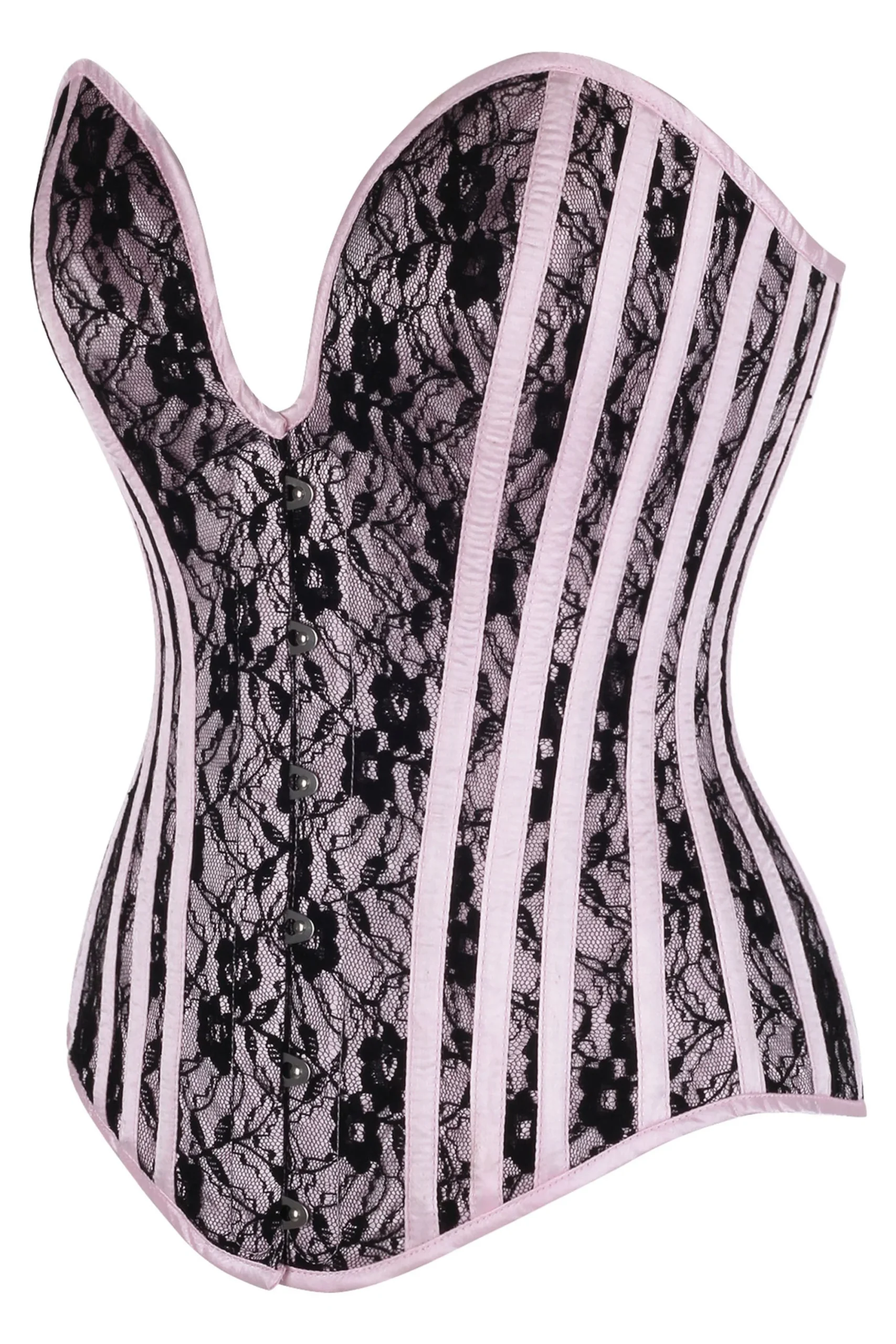 Pink Overbust Corset with Black Lace Overlay and Plunge Neckline – Image 3
