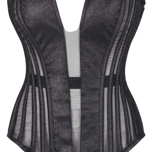 Black Overbust Corset with Plunge Neckline Mesh Panels & Side Zip