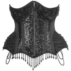Elegant Gothic Black Sequin Corset with Beaded Chains