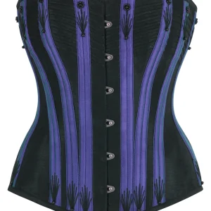 Black Overbust Corset with Purple Boning Channels and Flossing