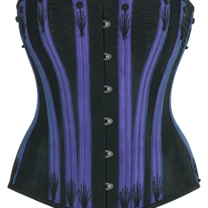 Black Overbust Corset with Purple Boning Channels and Flossing