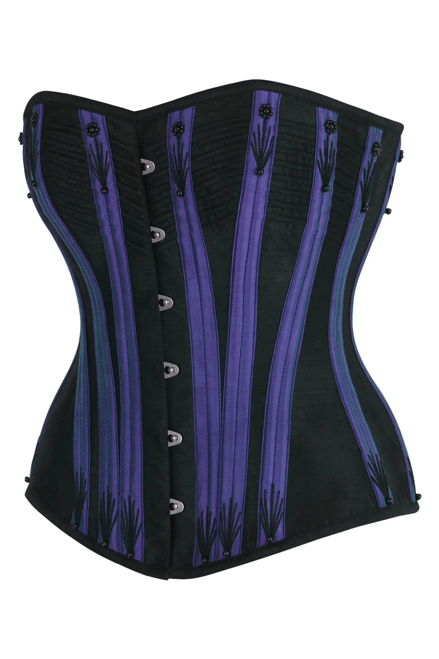 Black Overbust Corset with Purple Boning Channels and Flossing – Image 3