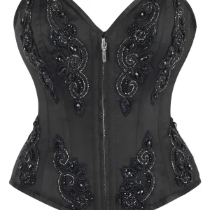 Black Beaded Gothic Zip Corset – Elegant Embellished Bustier