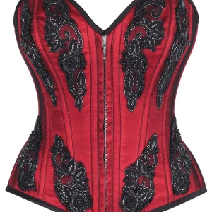 Red Beaded Gothic Zip Corset – Elegant Embellished Bustier