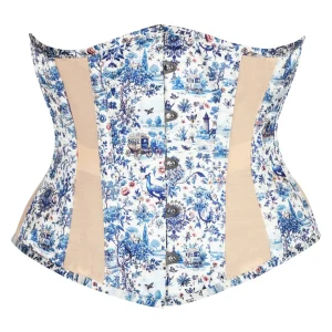Blue Willow Toile Underbust Corset with Navy Ribbon Lacing
