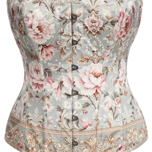 Vintage Floral Brocade Overbust Corset – Pastel Blue & Blush Peony