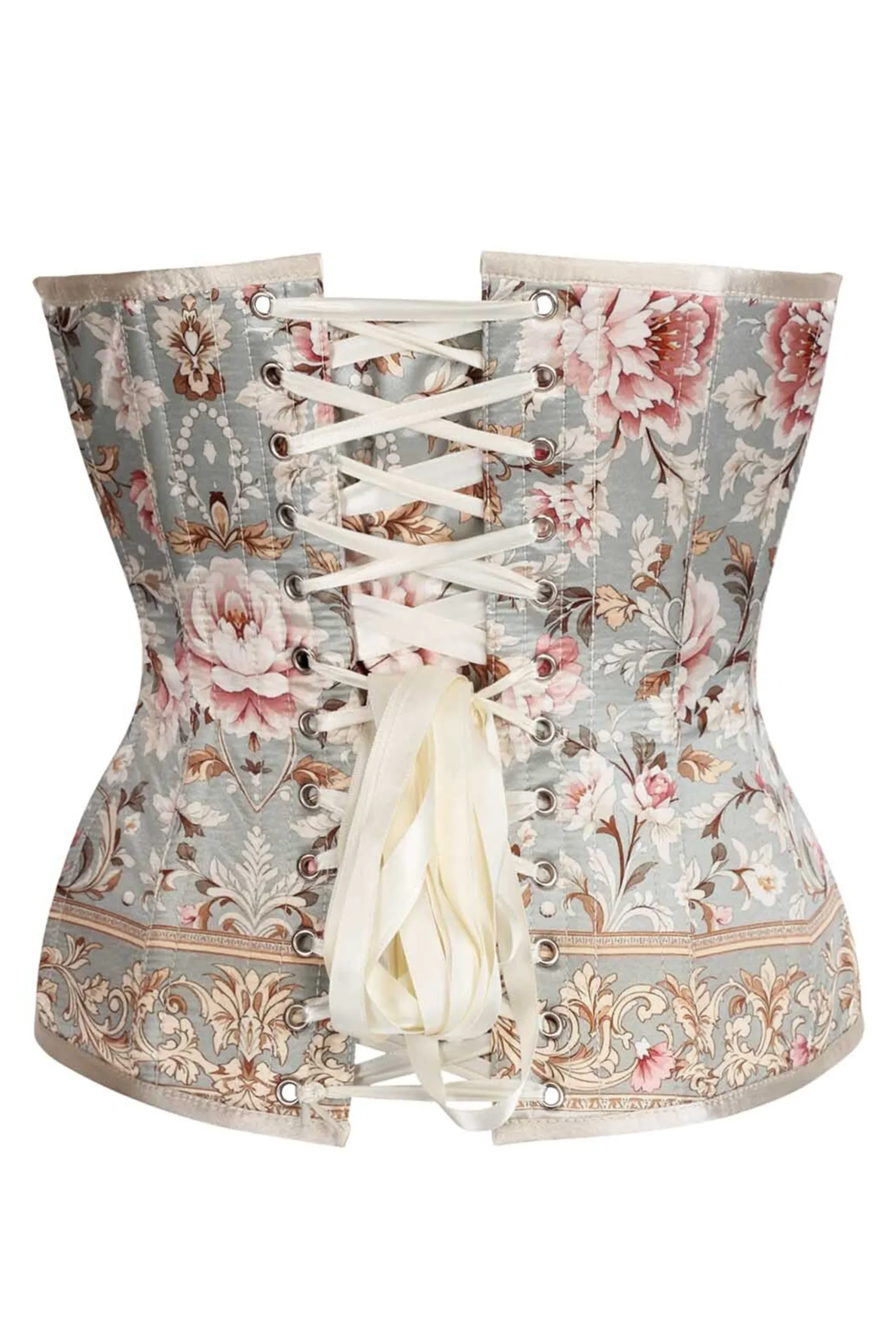 Vintage Floral Brocade Overbust Corset – Pastel Blue & Blush Peony – Image 2