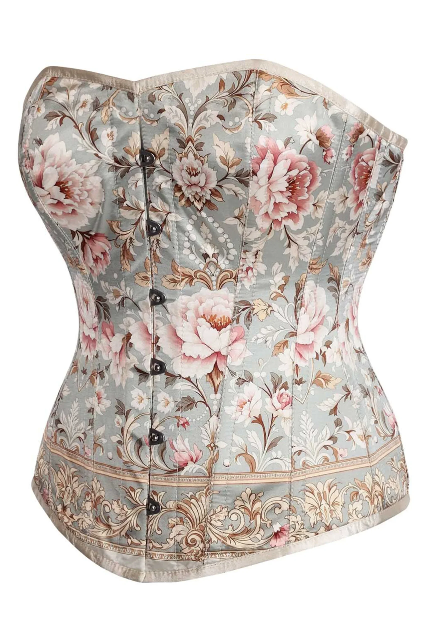 Vintage Floral Brocade Overbust Corset – Pastel Blue & Blush Peony – Image 3