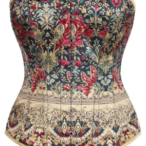 Regal Brocade Overbust Corset – Vintage Gold & Crimson Floral Tapestry