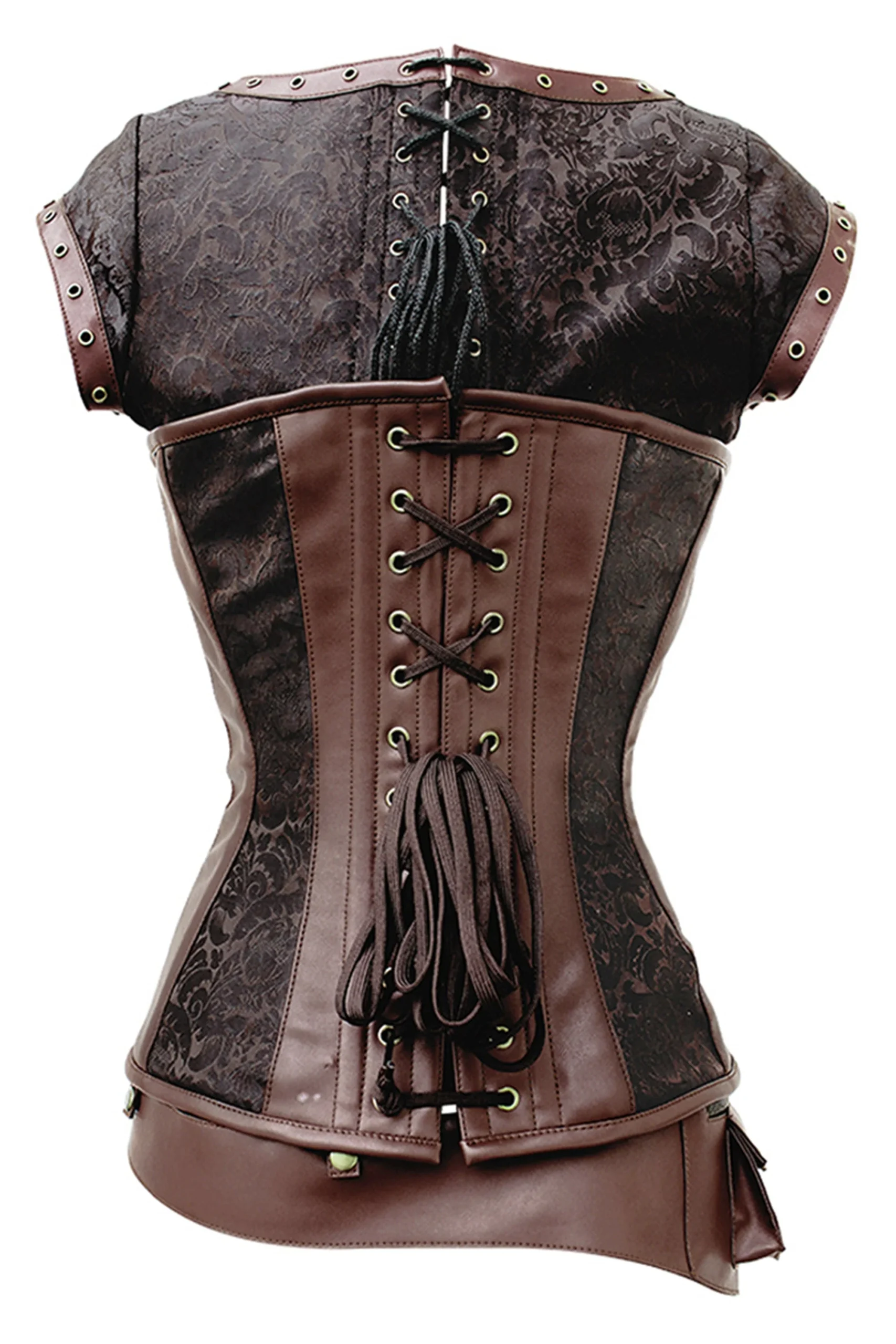 Brown Steampunk Overbust Corset with Shrug, Swing Hooks & Utility Belt – Image 2