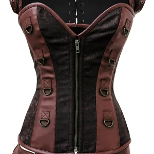 Steampunk Brown Overbust Corset with Front Zip, Shrug and Utility Belt