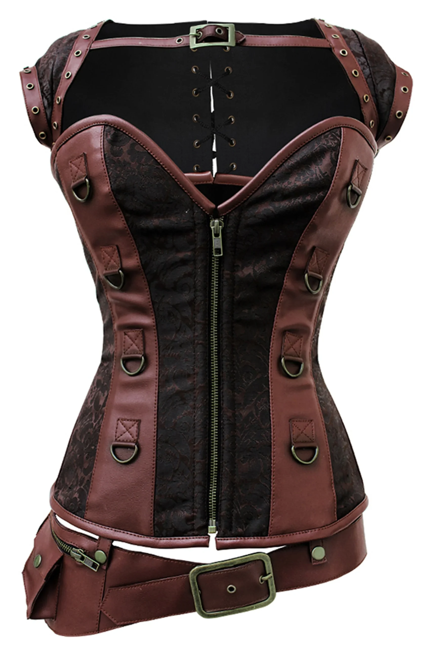 Steampunk Brown Overbust Corset with Front Zip, Shrug and Utility Belt