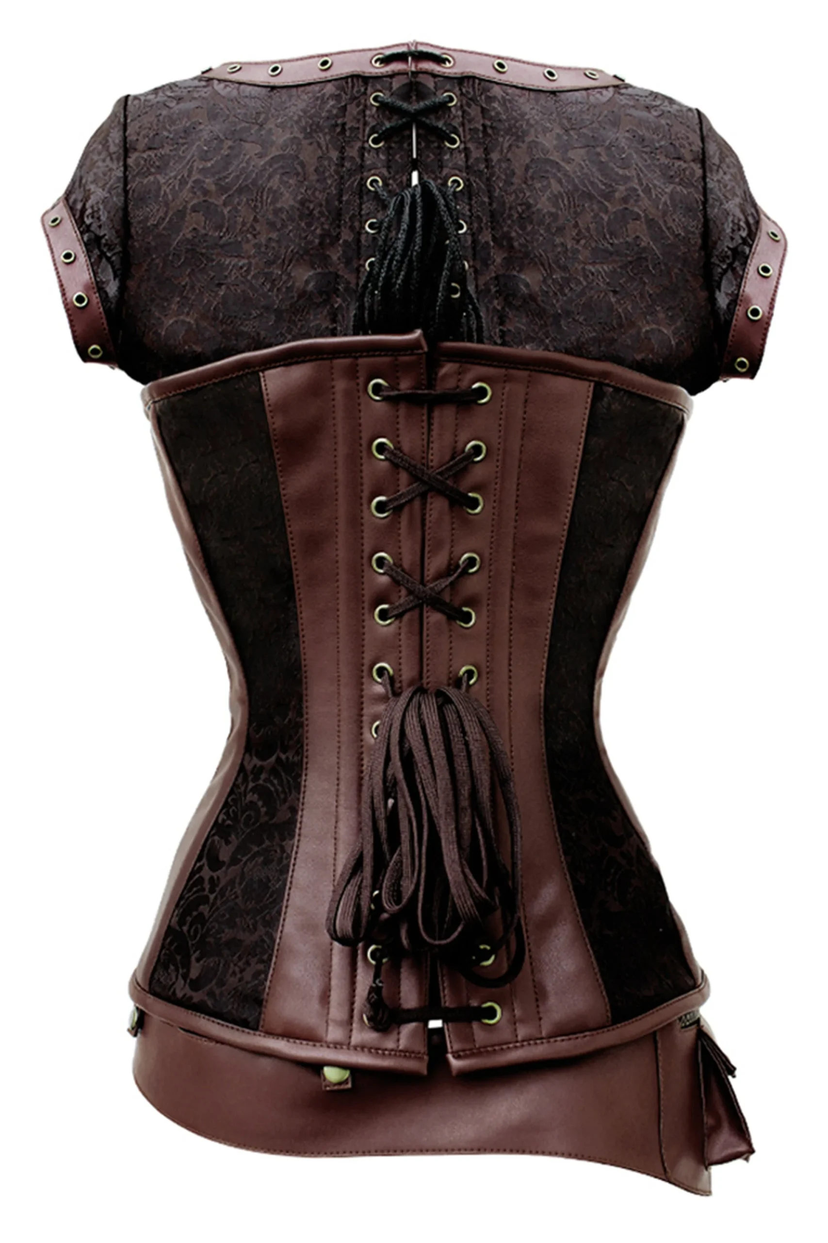 Steampunk Brown Overbust Corset with Front Zip, Shrug and Utility Belt – Image 2