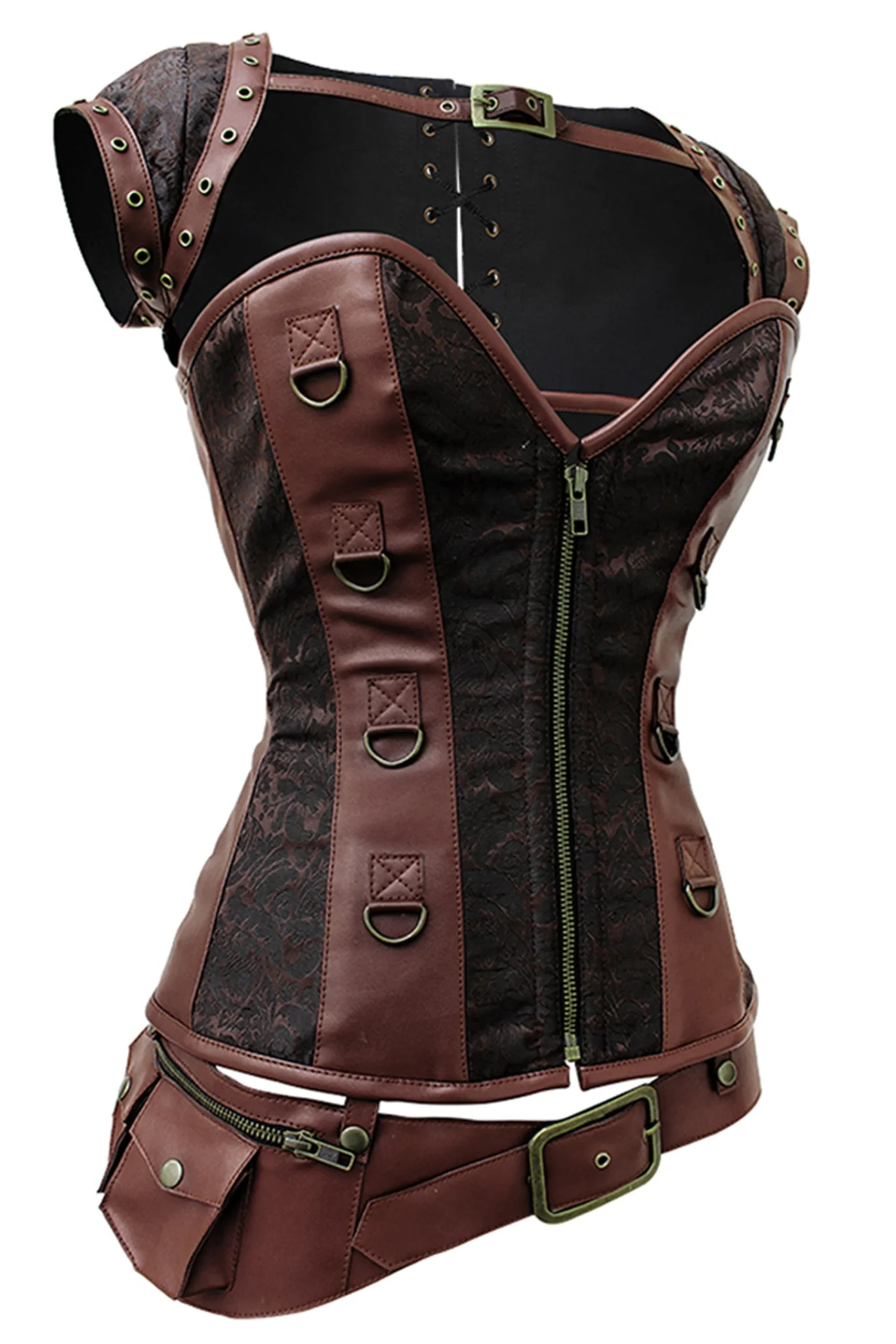Steampunk Brown Overbust Corset with Front Zip, Shrug and Utility Belt – Image 3
