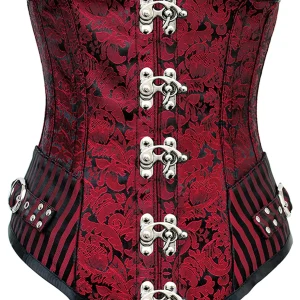 Red and Black Brocade Underbust Corset with Swing Hook Closure and Striped Panels