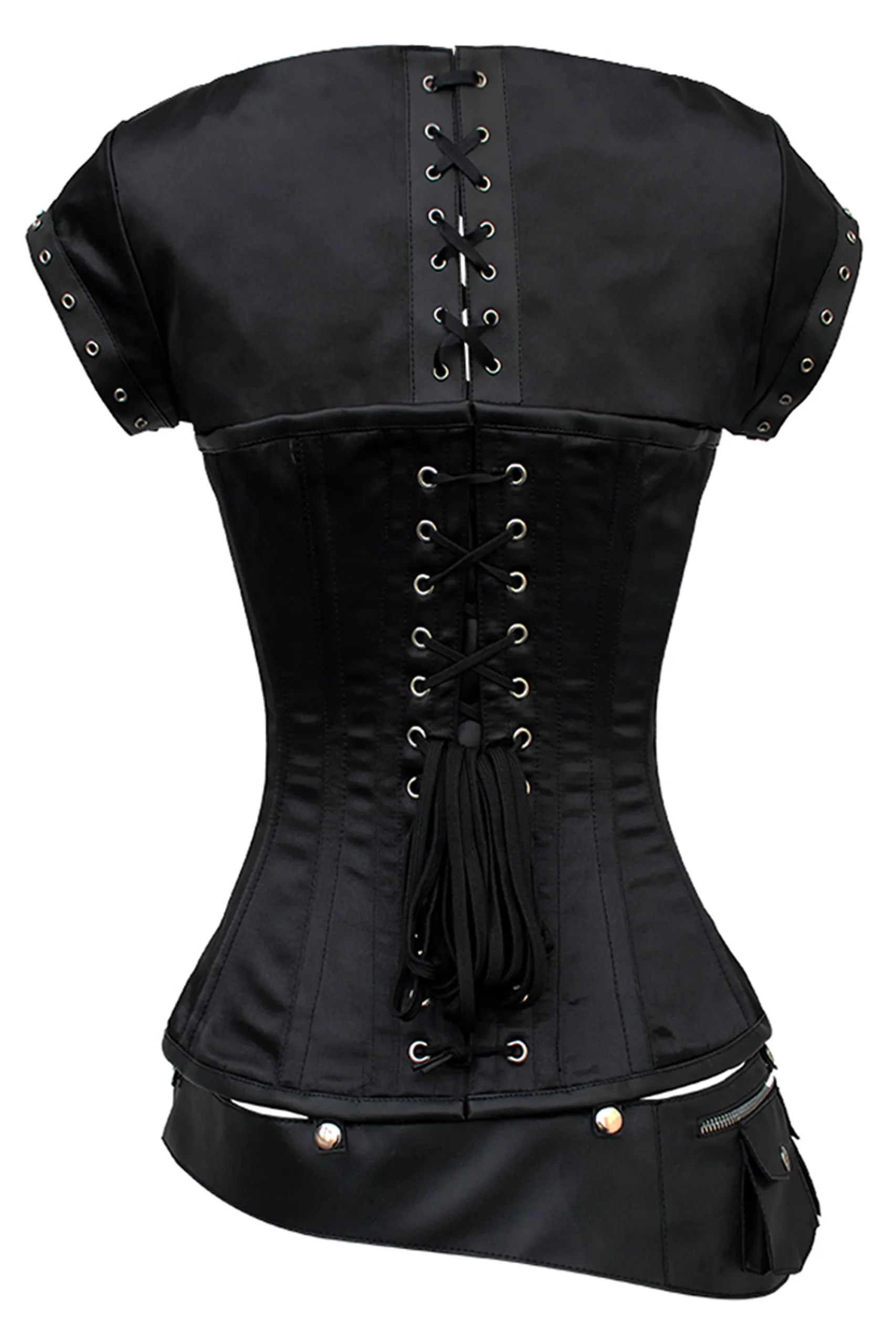 Black Overbust Steampunk Corset with Shrug and Utility Belt Detail – Image 2