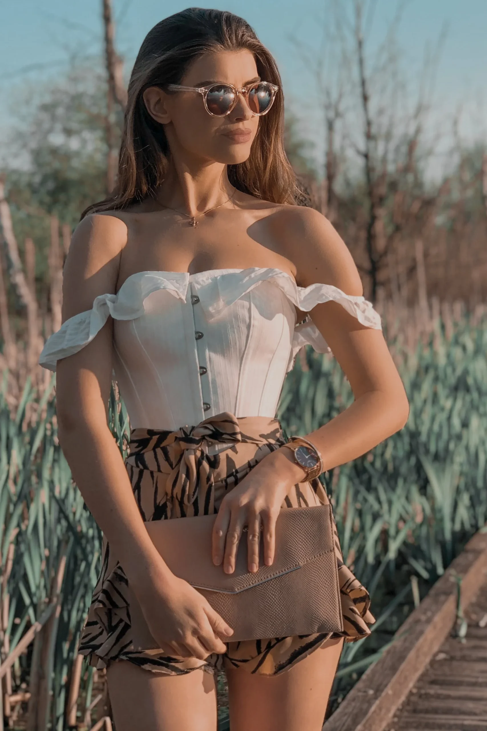 Haut corset droit coton avec manches à épaules dénudées Blanc – Image 2