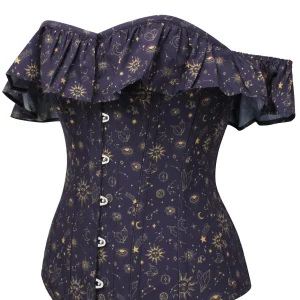 Corset chemisier avec manches Bardot imprimé galaxie mystique indigo et doré