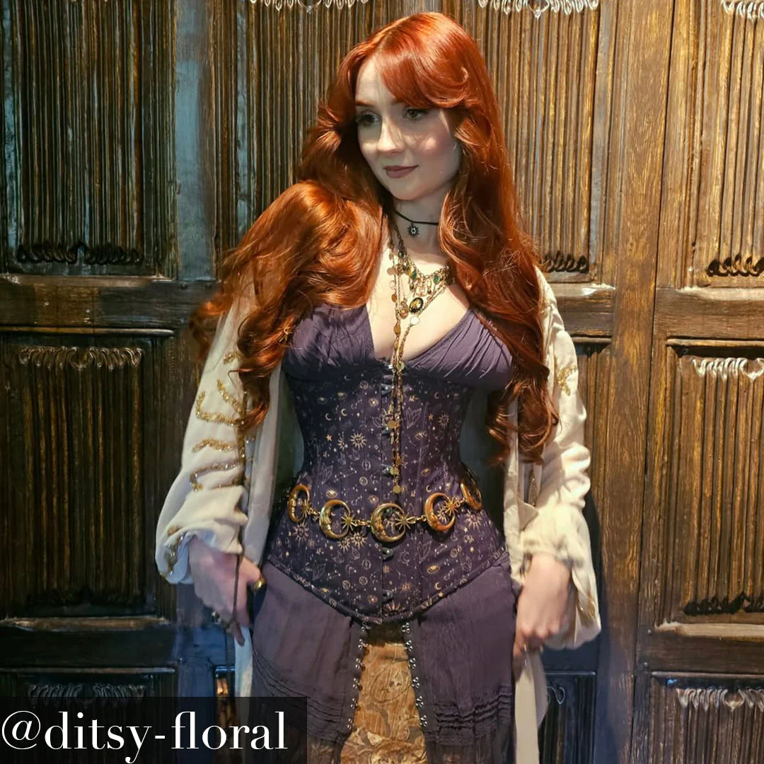 Corset serre-taille long imprimé galaxie mystique indigo et doré – Image 5