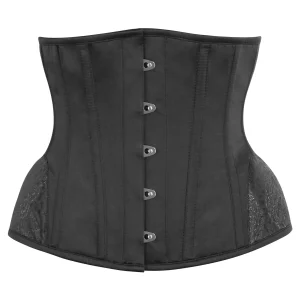 BUSTIER NOIR AVEC PANNEAUx DE HANCHES EN BROCART CONTRASTANT ET OURLET INCURVÉ