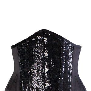 BLACK SATIN AND SEQUIN WAIST TRAINING WASPIE UNDERBUST
