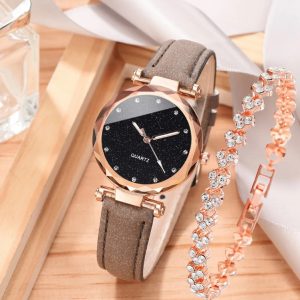 Ensemble montre bracelet en cuir gris