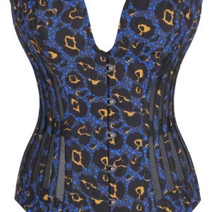 Purple Leopard Print Overbust Corset with Plunge Neckline and Side Mesh Panels