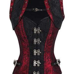 Red and Black Brocade Steampunk Overbust Corset with Swing Hooks and Shrug