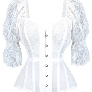 White Mesh Overbust Bridal Corset with Lace Sleeves