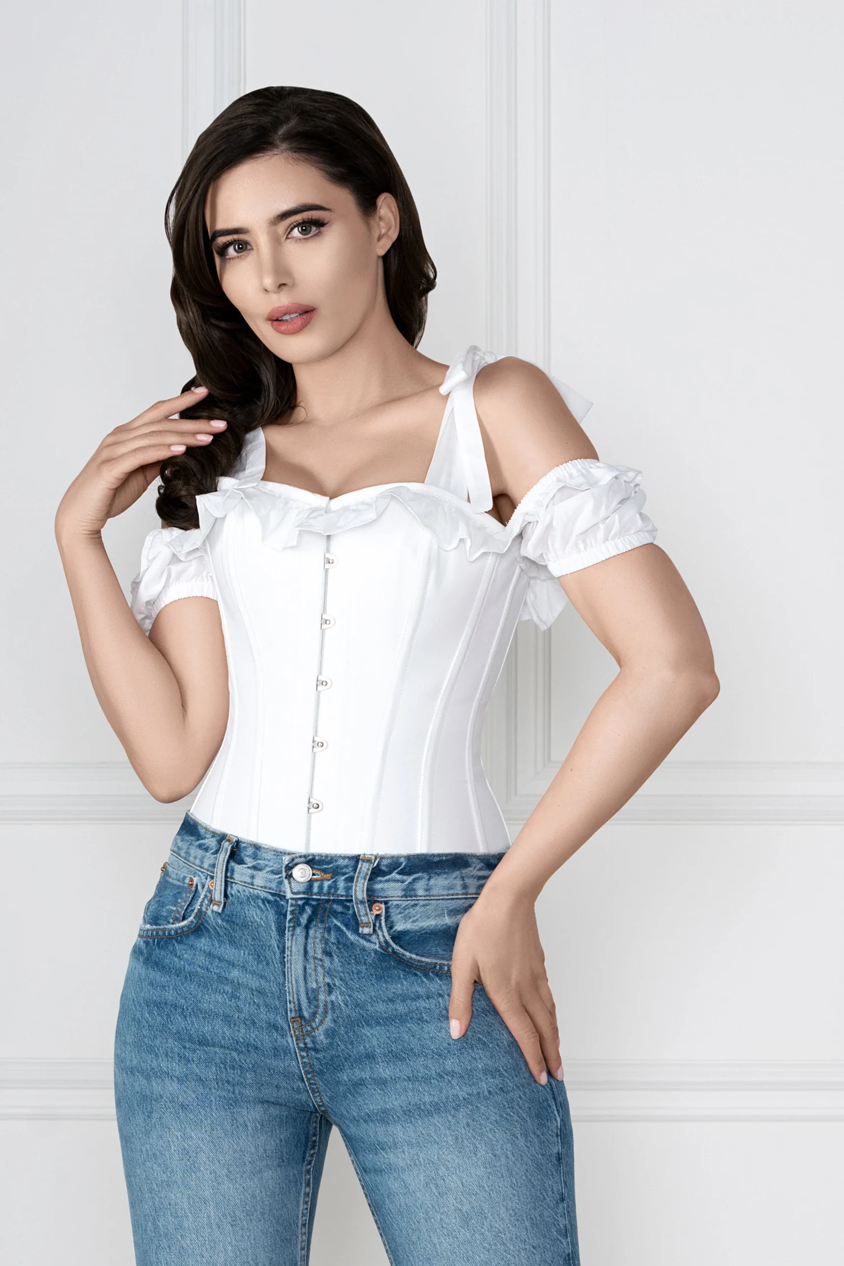 White Cotton Overbust With Sleeves And Shoulder Straps – Image 7